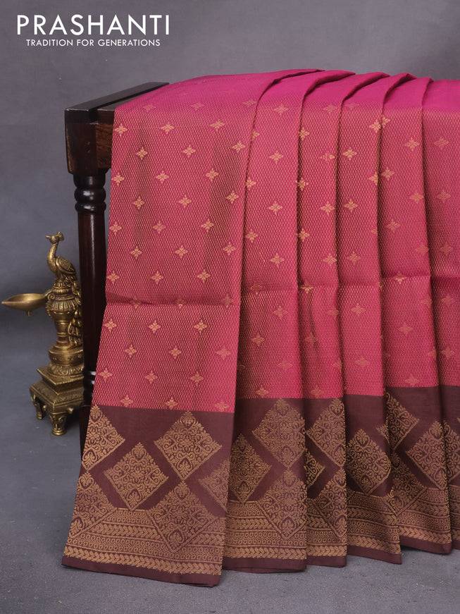 Kanchipuram soft silk saree dark magenta pink and coffee brown with allover zari weaves and zari woven border