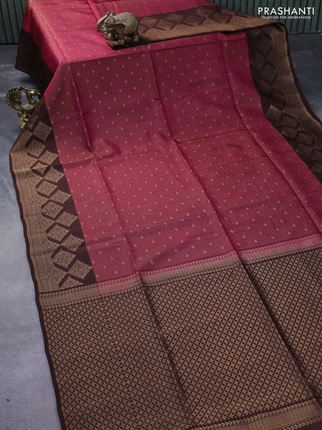 Kanchipuram soft silk saree dark magenta pink and coffee brown with allover zari weaves and zari woven border