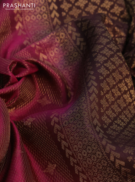 Kanchipuram soft silk saree dark magenta pink and coffee brown with allover zari weaves and zari woven border