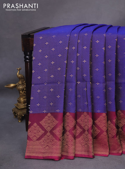 Kanchipuram soft silk saree blue and magenta pink with allover zari weaves and zari woven border