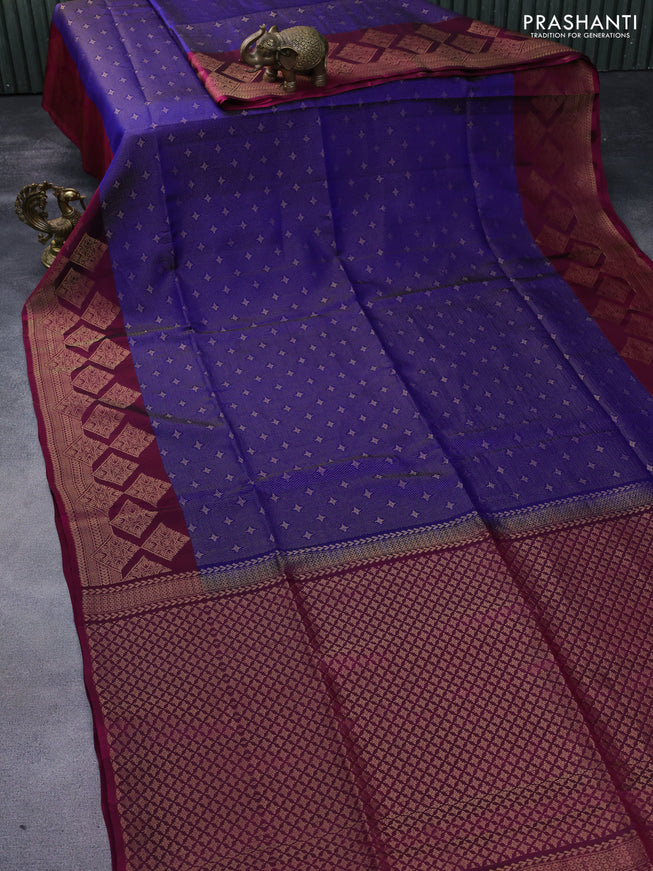 Kanchipuram soft silk saree blue and magenta pink with allover zari weaves and zari woven border