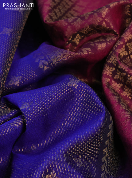 Kanchipuram soft silk saree blue and magenta pink with allover zari weaves and zari woven border