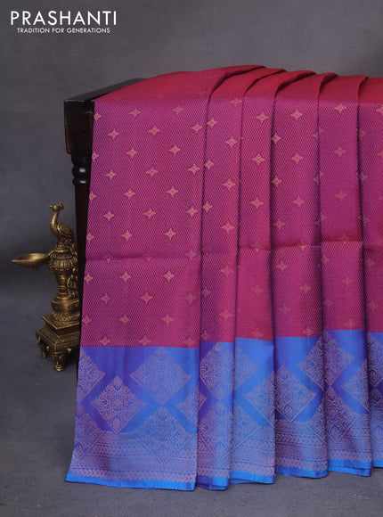 Kanchipuram soft silk saree purple and dual shade of cs blue with allover zari weaves and zari woven border