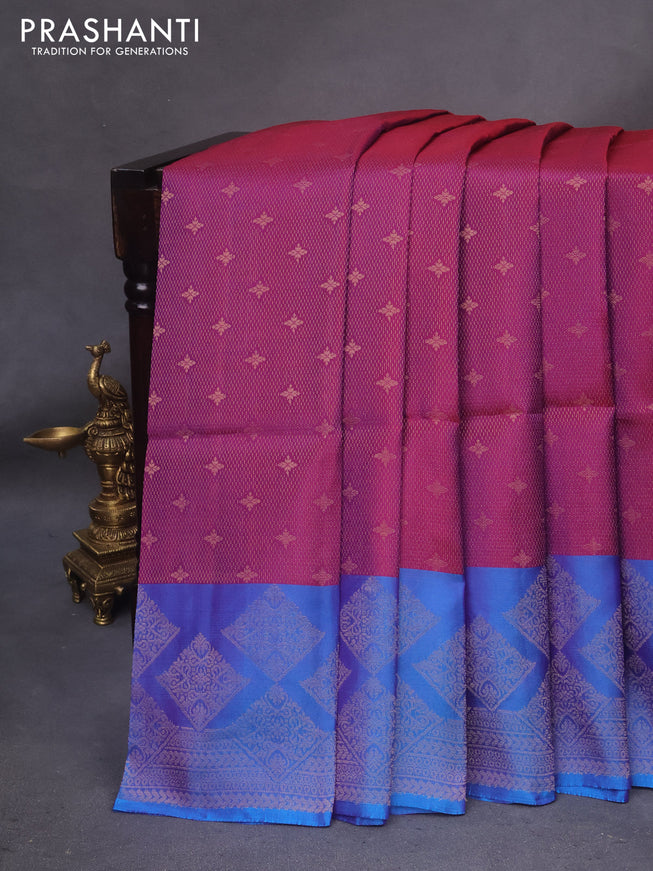 Kanchipuram soft silk saree purple and dual shade of cs blue with allover zari weaves and zari woven border