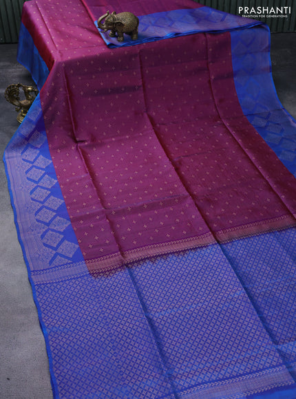 Kanchipuram soft silk saree purple and dual shade of cs blue with allover zari weaves and zari woven border