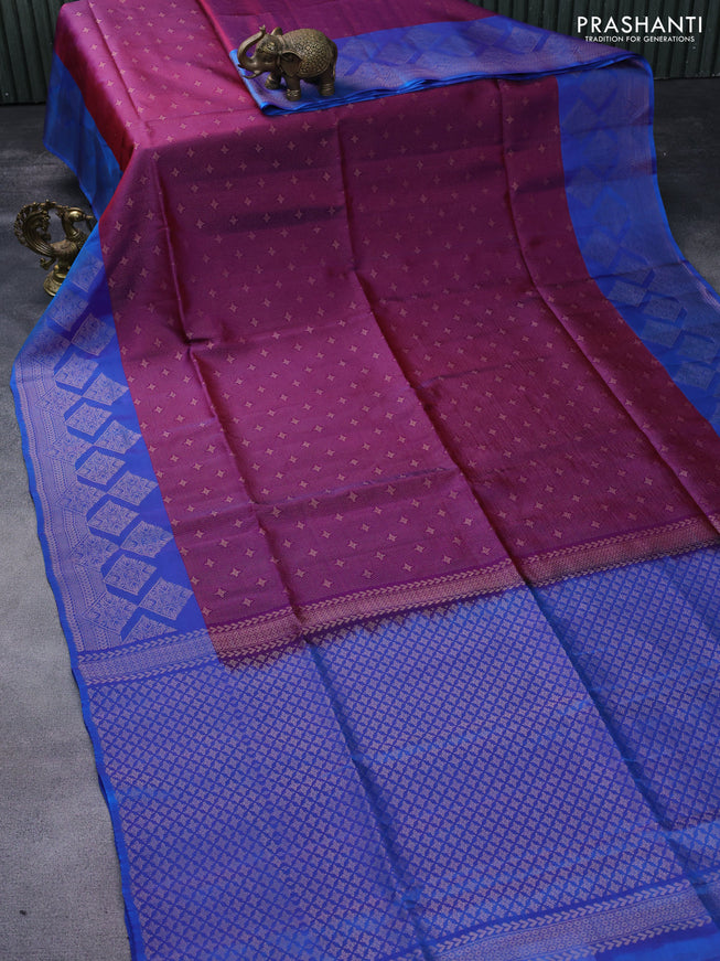 Kanchipuram soft silk saree purple and dual shade of cs blue with allover zari weaves and zari woven border