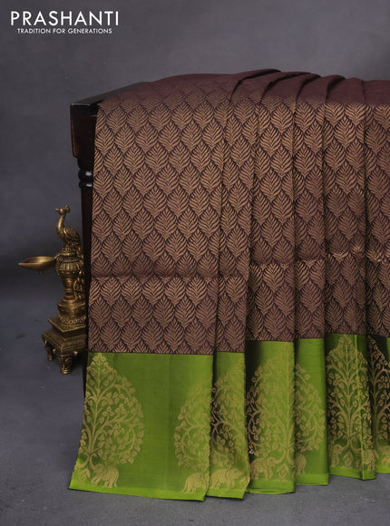 Kanchipuram soft silk saree coffee brown and light green with allover zari weaves and zari woven butta border