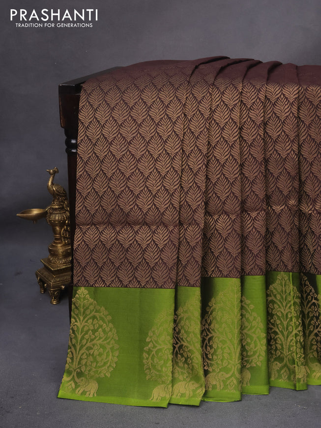 Kanchipuram soft silk saree coffee brown and light green with allover zari weaves and zari woven butta border