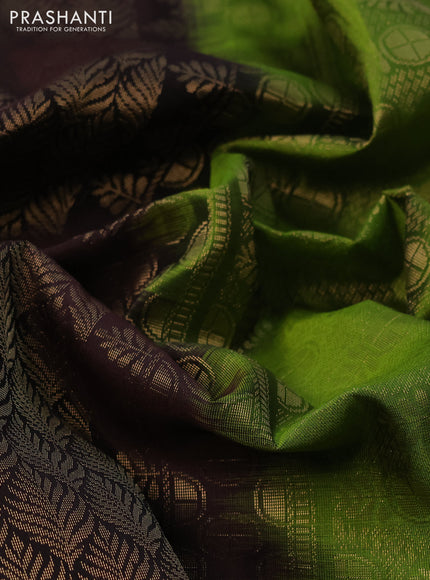 Kanchipuram soft silk saree coffee brown and light green with allover zari weaves and zari woven butta border