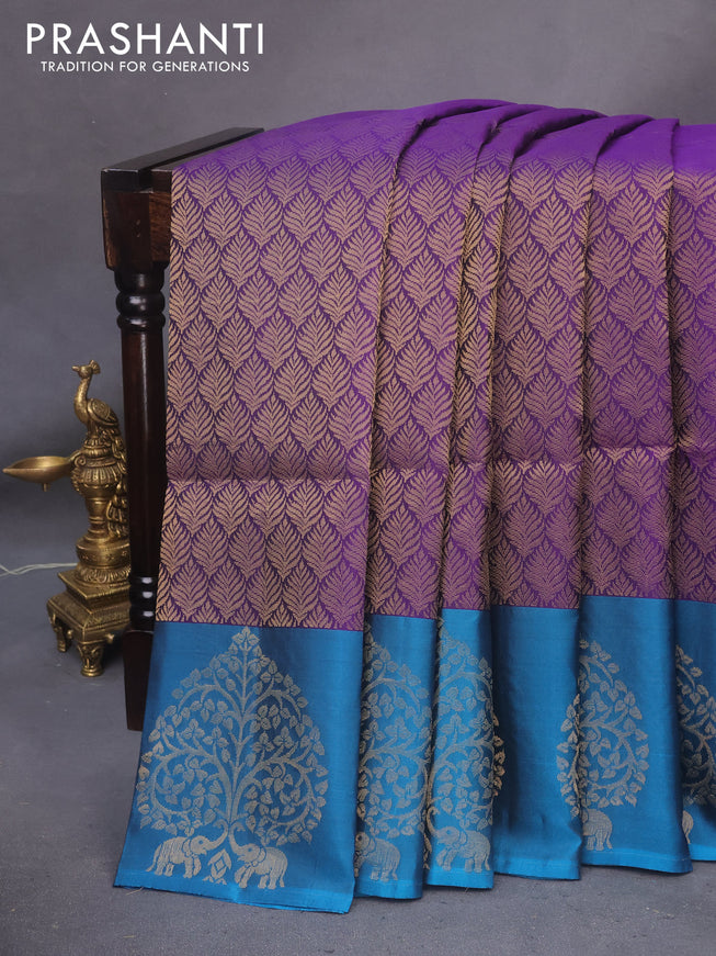 Kanchipuram soft silk saree violet and cs blue with allover zari weaves and zari woven butta border