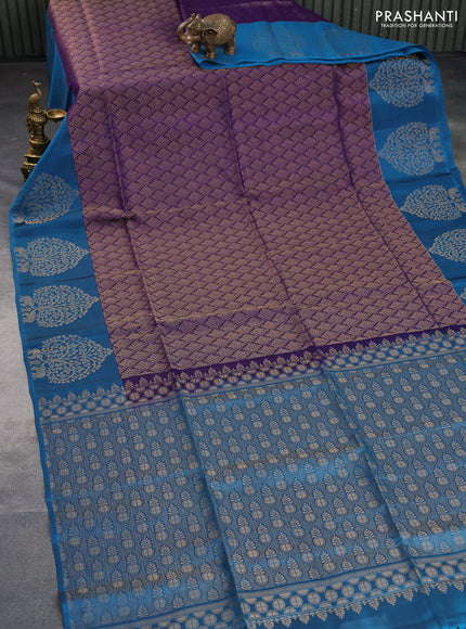 Kanchipuram soft silk saree violet and cs blue with allover zari weaves and zari woven butta border