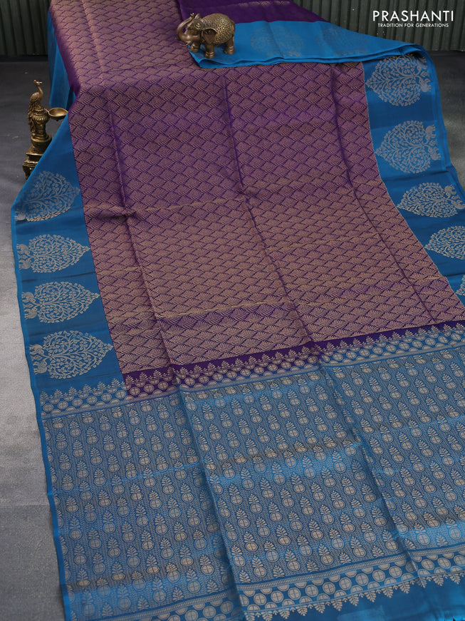 Kanchipuram soft silk saree violet and cs blue with allover zari weaves and zari woven butta border