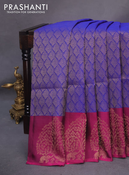 Kanchipuram soft silk saree blue and dark magenta pink with allover zari weaves and zari woven butta border