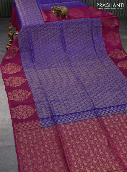 Kanchipuram soft silk saree blue and dark magenta pink with allover zari weaves and zari woven butta border