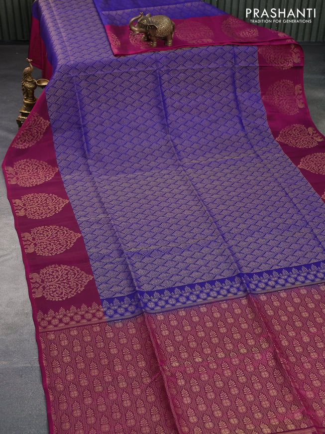 Kanchipuram soft silk saree blue and dark magenta pink with allover zari weaves and zari woven butta border