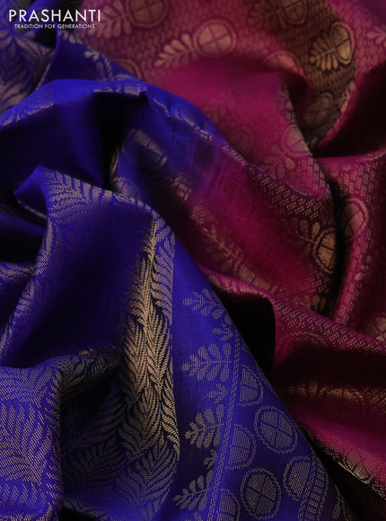 Kanchipuram soft silk saree blue and dark magenta pink with allover zari weaves and zari woven butta border