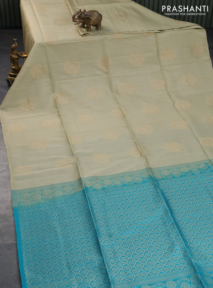 Kanchipuram soft silk saree pastel green and teal blue with allover zari weaves & buttas in borderless style