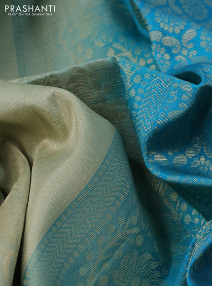 Kanchipuram soft silk saree pastel green and teal blue with allover zari weaves & buttas in borderless style