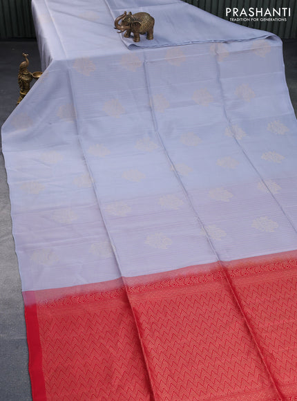 Kanchipuram soft silk saree pastel grey and red with allover zari weaves in borderless style