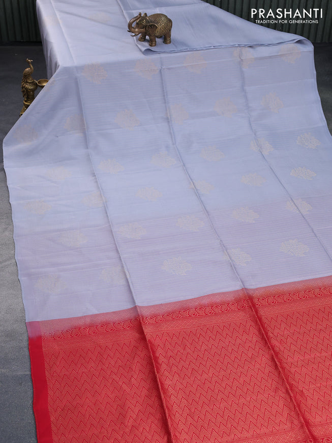 Kanchipuram soft silk saree pastel grey and red with allover zari weaves in borderless style