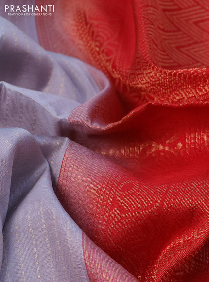 Kanchipuram soft silk saree pastel grey and red with allover zari weaves in borderless style