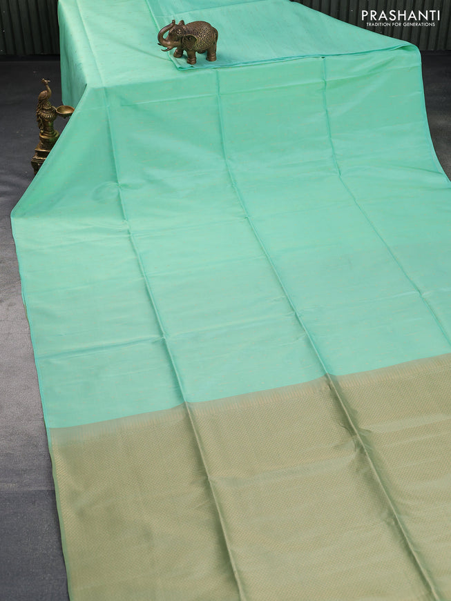 Kanchipuram soft silk saree teal green shade and pastel green with allover zari weaves in borderless style