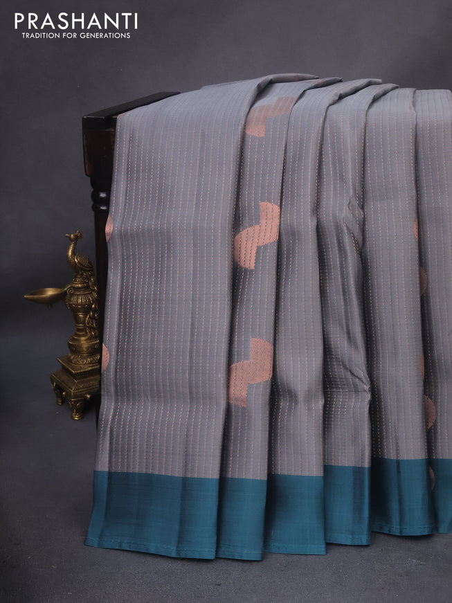 Kanchipuram soft silk saree grey and peacock blue with allover copper zari weaves and zari woven butta border