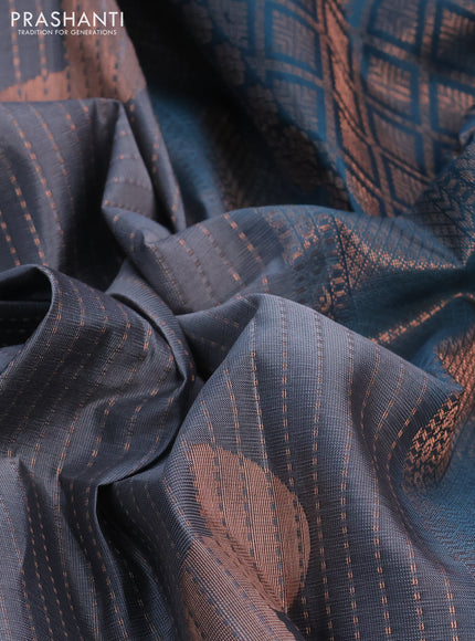 Kanchipuram soft silk saree grey and peacock blue with allover copper zari weaves and zari woven butta border