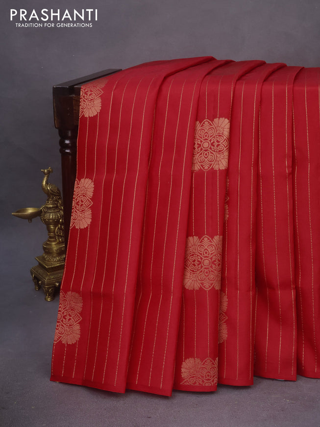 Kanchipuram soft silk saree red and teal blue with allover zari weaves in borderless style