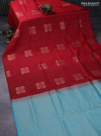 Kanchipuram soft silk saree red and teal blue with allover zari weaves in borderless style