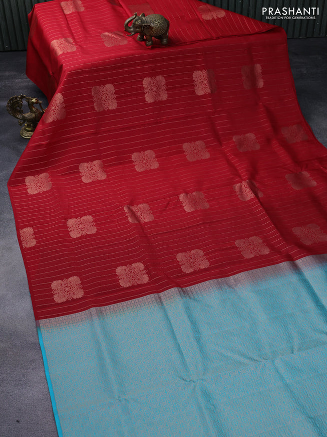 Kanchipuram soft silk saree red and teal blue with allover zari weaves in borderless style