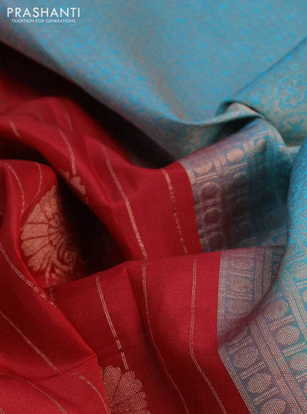 Kanchipuram soft silk saree red and teal blue with allover zari weaves in borderless style