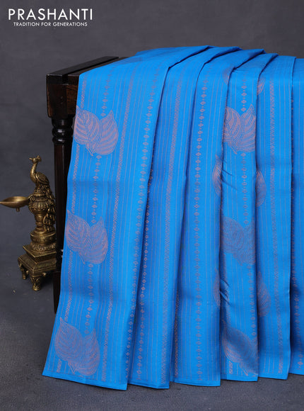 Kanchipuram soft silk saree cs blue and mustard yellow with allover copper zari weaves in borderless style