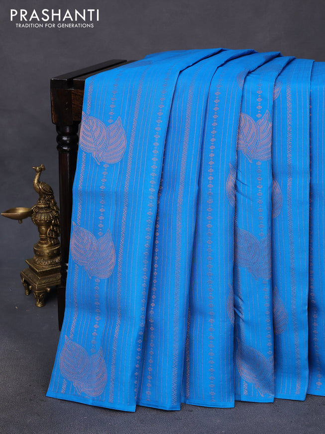 Kanchipuram soft silk saree cs blue and mustard yellow with allover copper zari weaves in borderless style