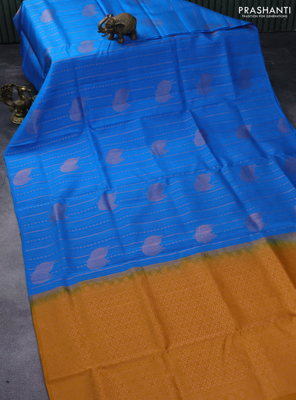 Kanchipuram soft silk saree cs blue and mustard yellow with allover copper zari weaves in borderless style