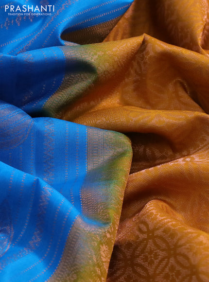 Kanchipuram soft silk saree cs blue and mustard yellow with allover copper zari weaves in borderless style