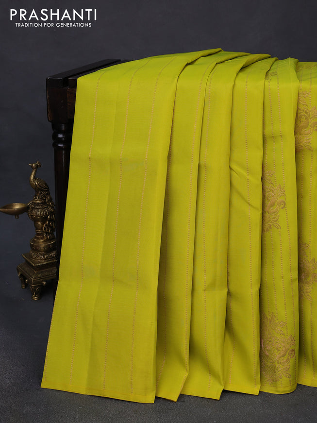 Kanchipuram soft silk saree flourescent green and pastel brown with allover copper zari weaves in borderless style