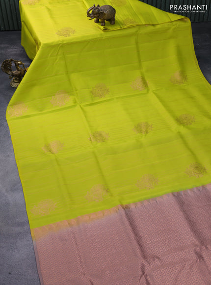 Kanchipuram soft silk saree flourescent green and pastel brown with allover copper zari weaves in borderless style