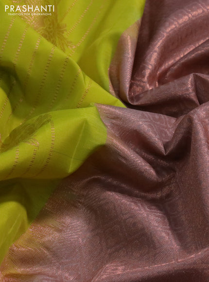 Kanchipuram soft silk saree flourescent green and pastel brown with allover copper zari weaves in borderless style