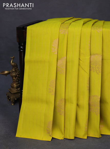 Kanchipuram soft silk saree lime yellow and peach pink with allover zari weaves & buttas in borderless style