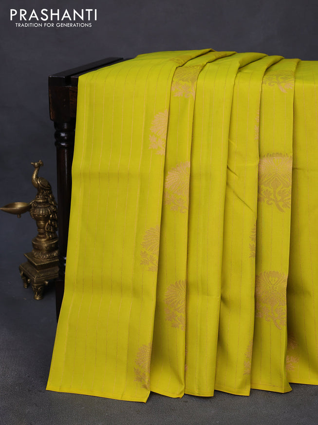 Kanchipuram soft silk saree lime yellow and peach pink with allover zari weaves & buttas in borderless style