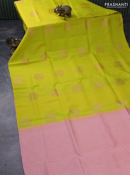 Kanchipuram soft silk saree lime yellow and peach pink with allover zari weaves & buttas in borderless style