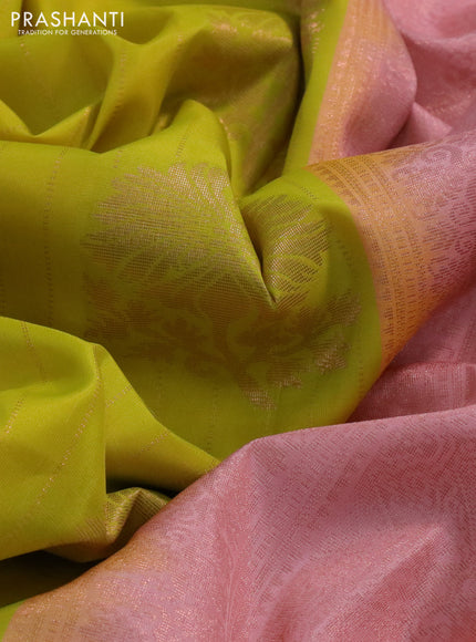 Kanchipuram soft silk saree lime yellow and peach pink with allover zari weaves & buttas in borderless style