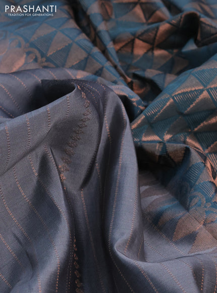 Kanchipuram soft silk saree grey and green shade with allover copper zari weaves and simple border