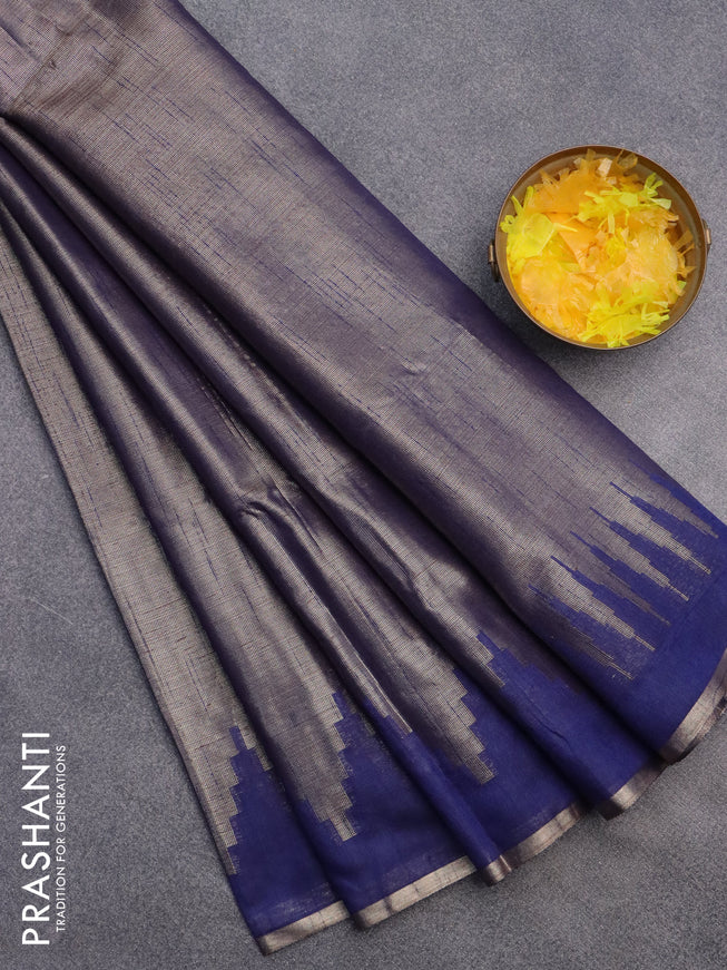 Banarasi matka tissue saree blue with plain body and long temple design zari woven border