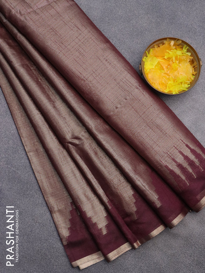 Banarasi matka tissue saree wine shade with plain body and long temple design zari woven border