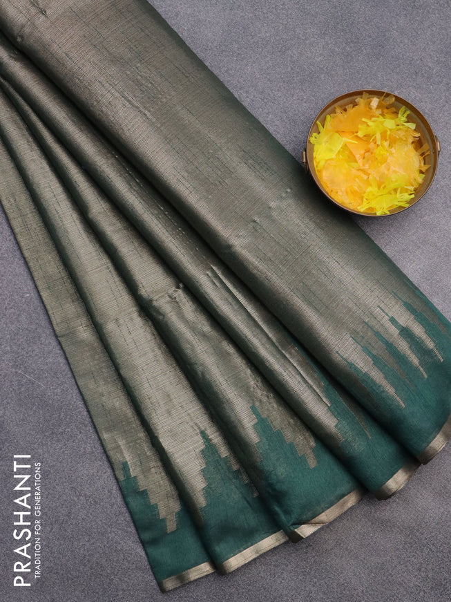 Banarasi matka tissue saree green with plain body and long temple design zari woven border