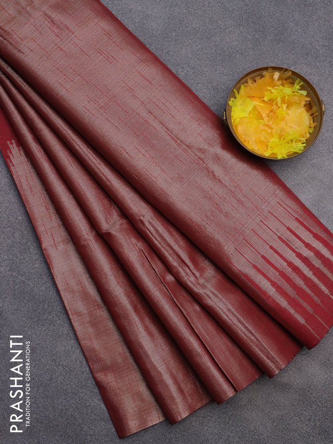 Banarasi matka tissue saree maroon with plain body and long temple design zari woven border