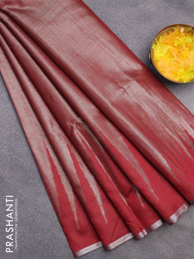 Banarasi matka tissue saree maroon with plain body and long temple design zari woven border