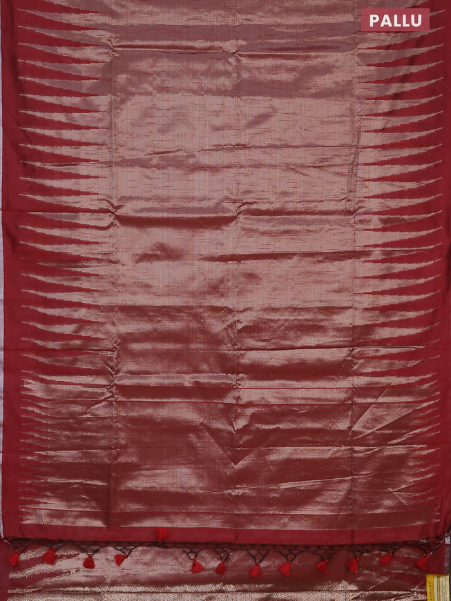 Banarasi matka tissue saree maroon with plain body and long temple design zari woven border